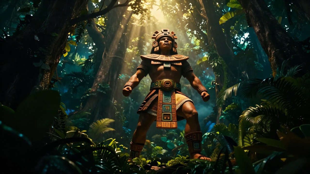 Hunahpú, figura heroica mesoamericana, de pie en un entorno de selva primordial y densa.