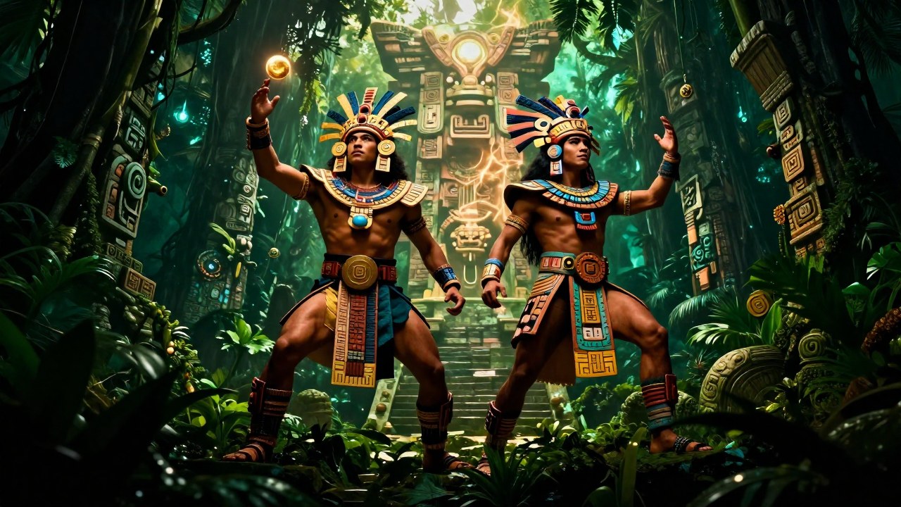 Dos héroes míticos, Hunahpú e Ixbalanqué, emergen de una selva mesoamericana con ruinas.