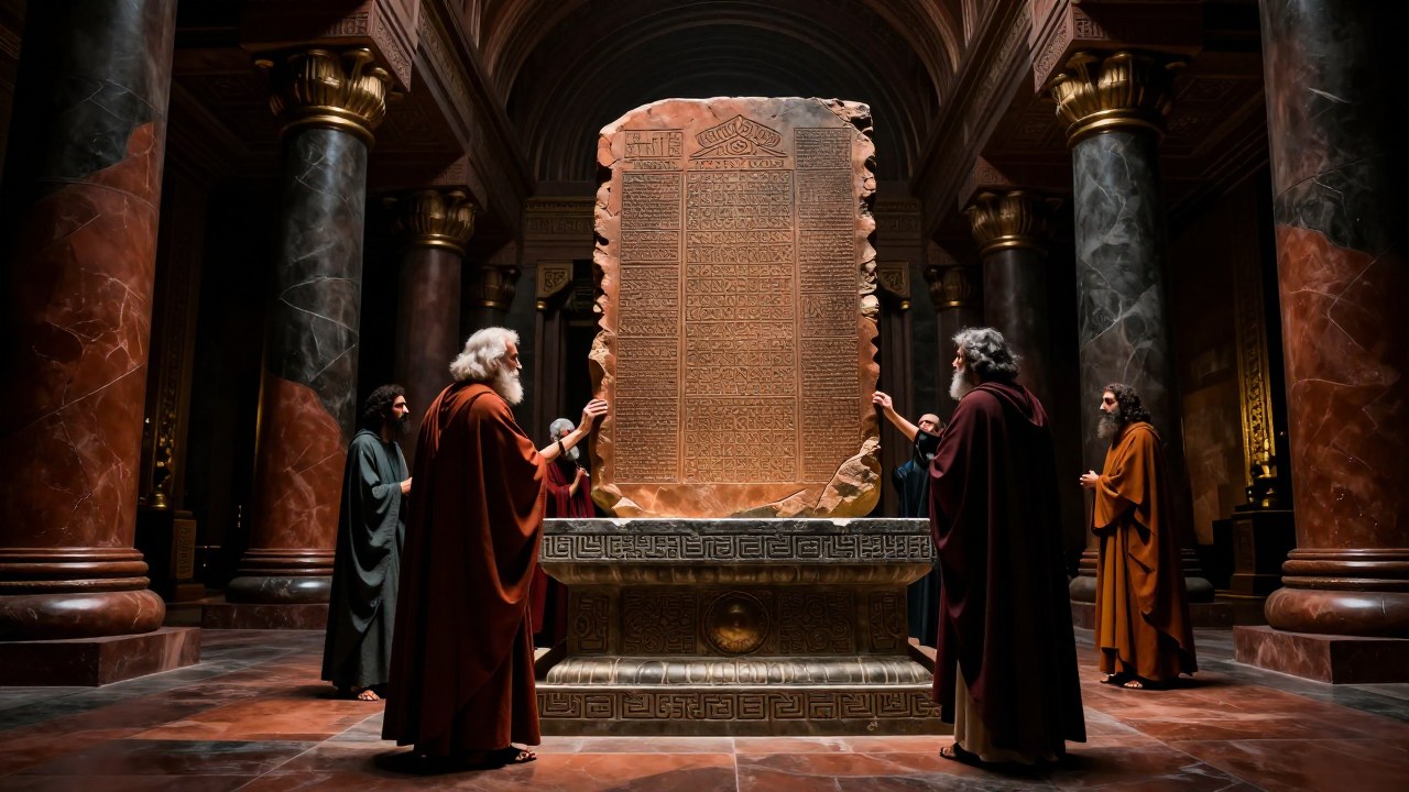 Sabios con túnicas escriben tablillas de destino sobre un pedestal en un gran salón de conocimiento antiguo.