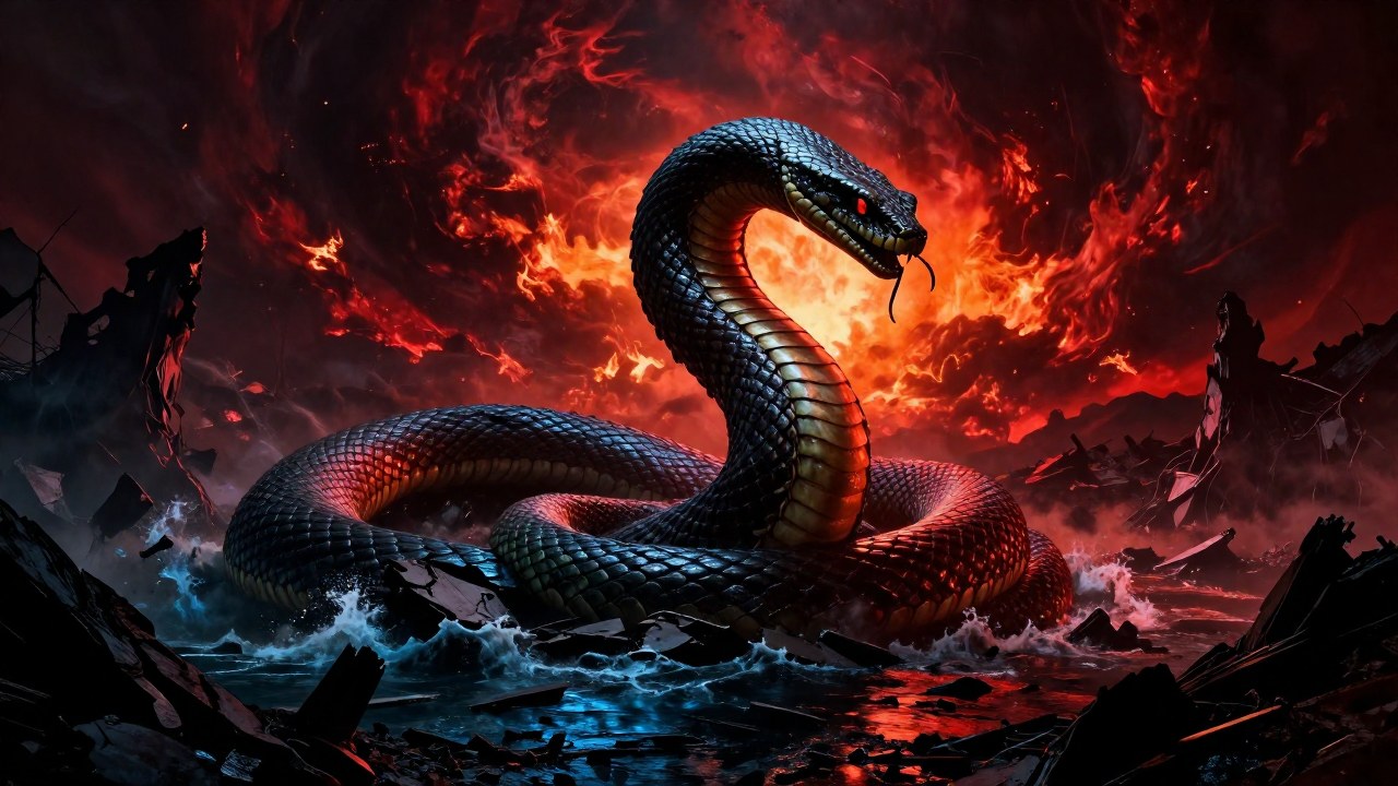 Serpiente gigantesca enroscada en un paisaje de ruinas y caos apocalíptico.