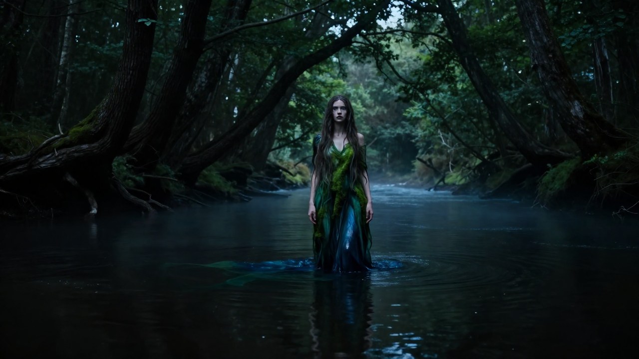Una Rusalka emerge de las aguas de un río en un denso bosque eslavo y brumoso.