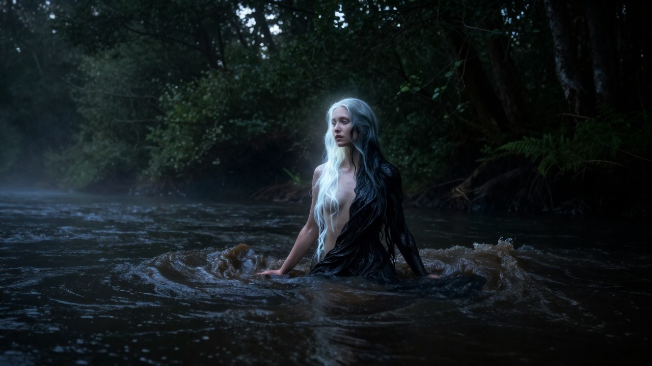 Espíritu Rusalka en la confluencia de río y bosque, exhibiendo una apariencia dual de luz y sombra.