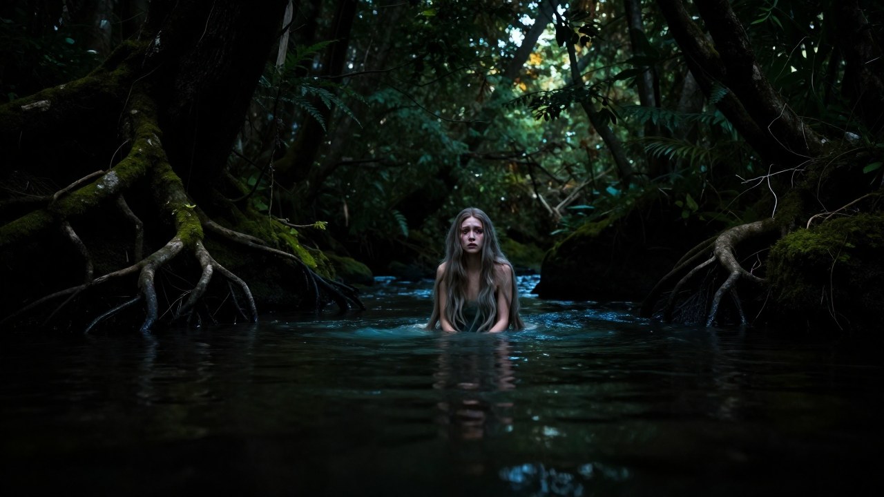 Espíritu Rusalka emergiendo de las oscuras aguas de un río ancestral, enmarcada por un denso bosque.