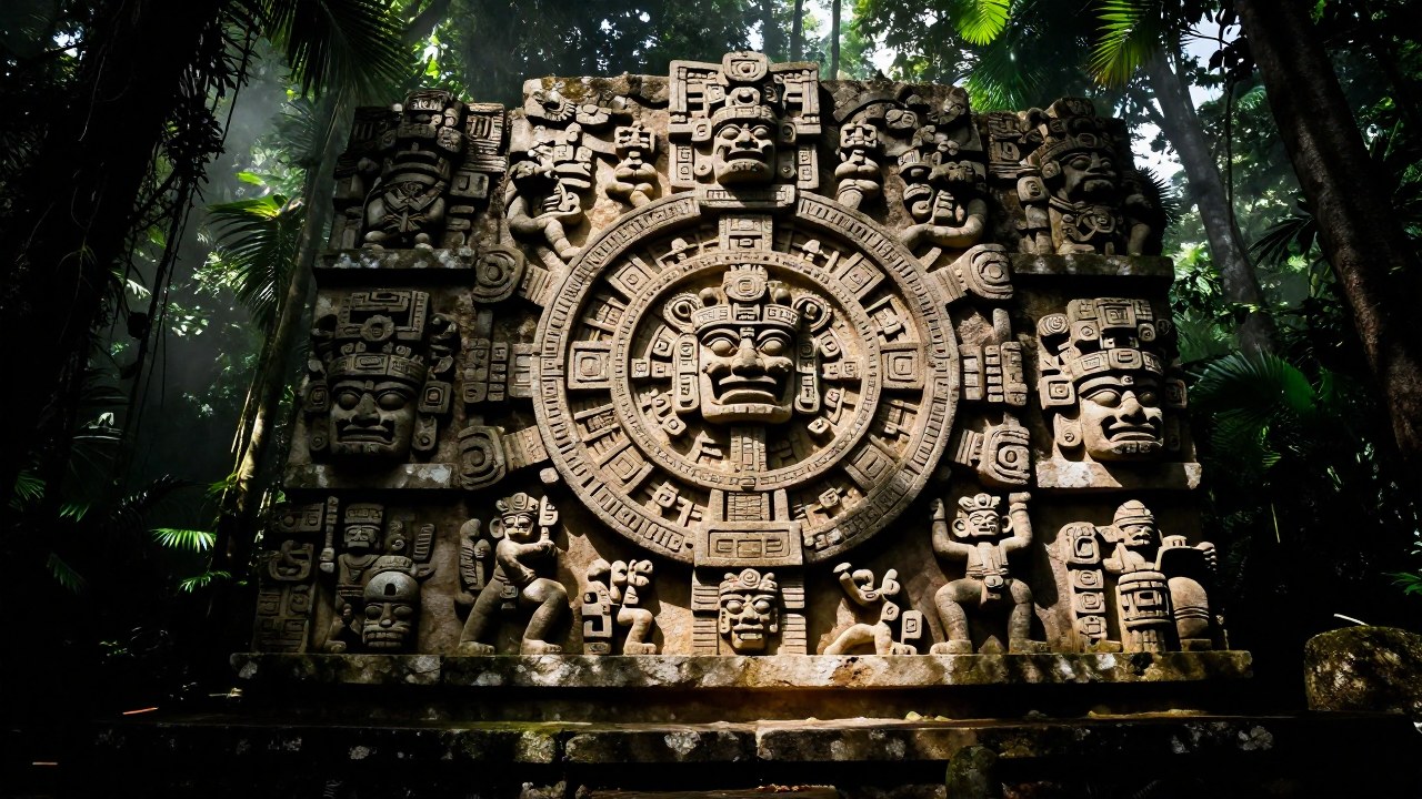 Monolito de piedra tallado con deidades aztecas en una selva tropical densa.