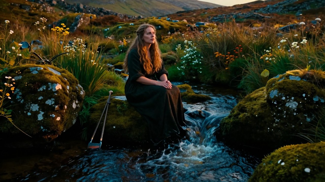 Mujer en un paisaje celta, con agua, piedra y herramientas que representan su conexión elemental.