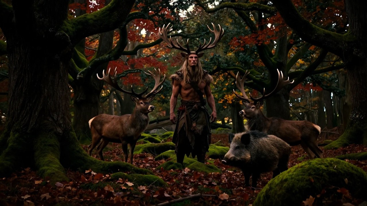Una deidad con astas se encuentra en un bosque antiguo rodeada de fauna majestuosa, incluyendo ciervos y jabalíes.
