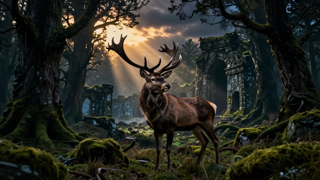 Ciervo majestuoso con grandes astas en un bosque denso, observando ruinas antiguas en la penumbra.