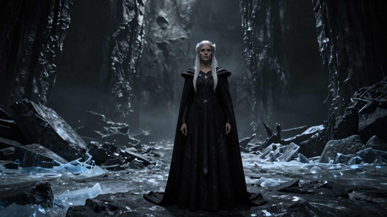 Hel, soberana de Helheim, preside el vasto paisaje desolado y congelado del Inframundo nórdico.