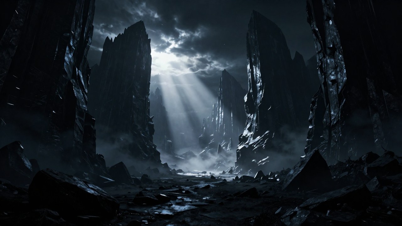 Un paisaje monumental y desolado del reino de los muertos, Helheim, con formaciones de roca oscura.