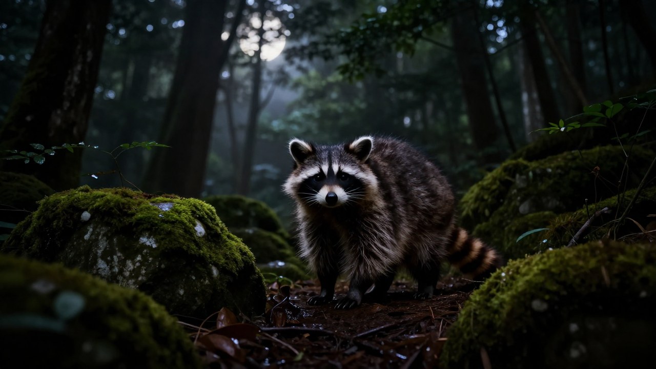 Tanuki en bosque japonés brumoso, con una pata que insinúa la forma de una criatura mitológica.