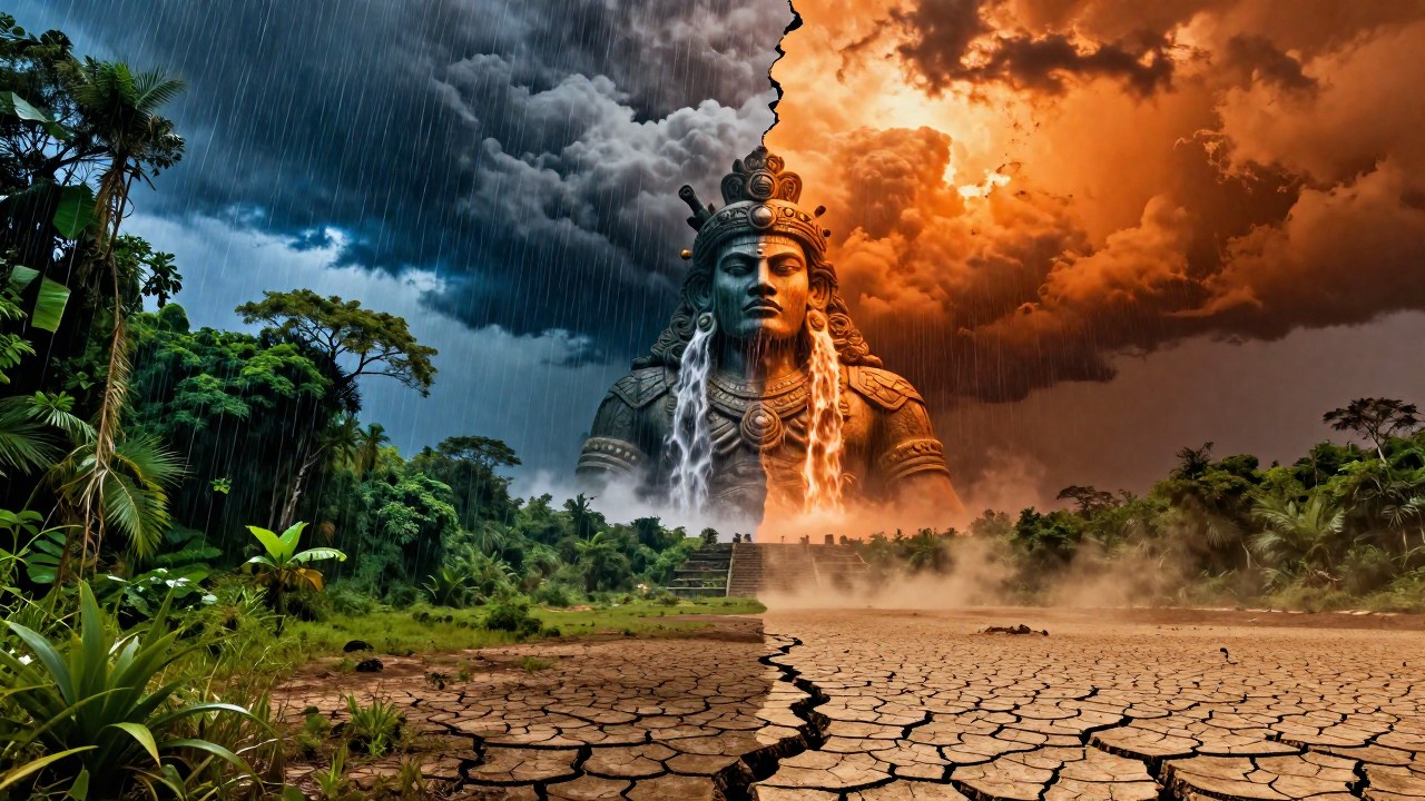 Paisaje dividido que ilustra la dualidad de la deidad acuática: abundancia de vida frente a sequía destructiva.
