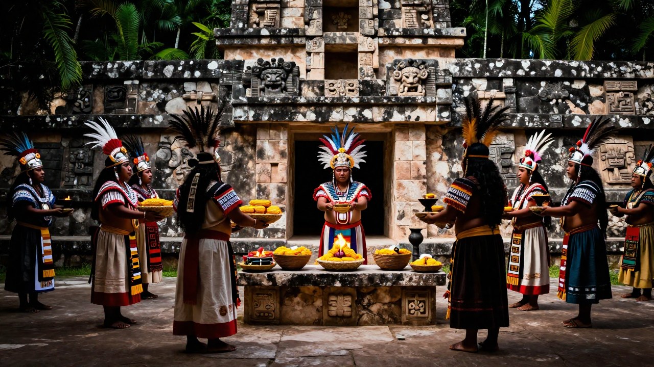 Sacerdotes mexicas realizan una ceremonia ritual solemne ofreciendo objetos en un altar de templo mesoamericano.
