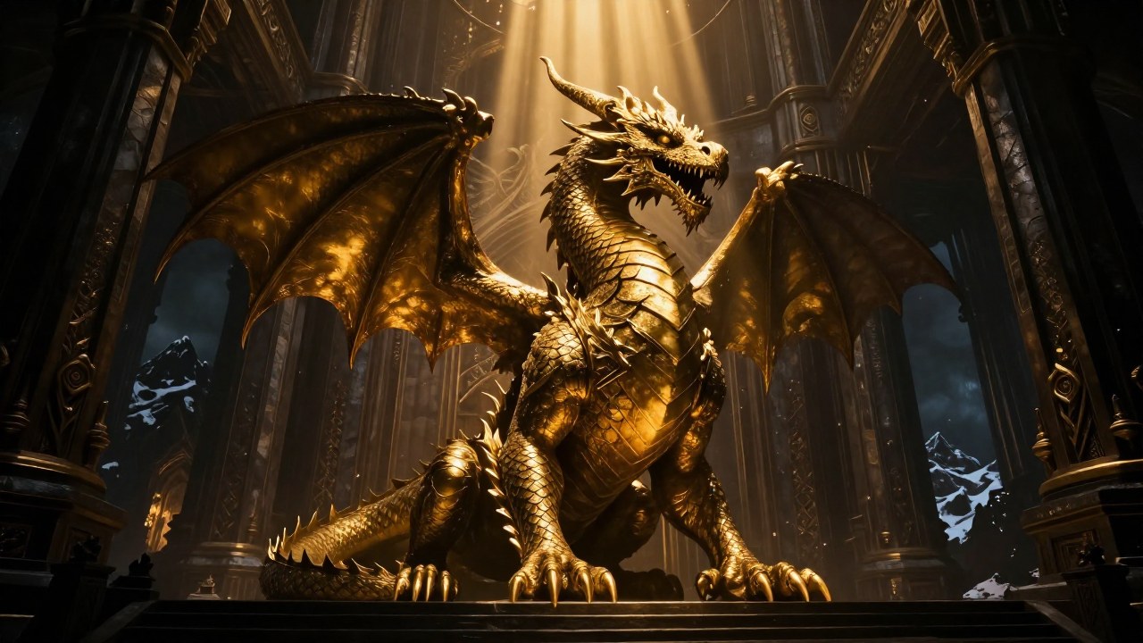Un dragón enorme de escamas doradas vigila como guardián la entrada de un majestuoso salón nórdico de piedra.