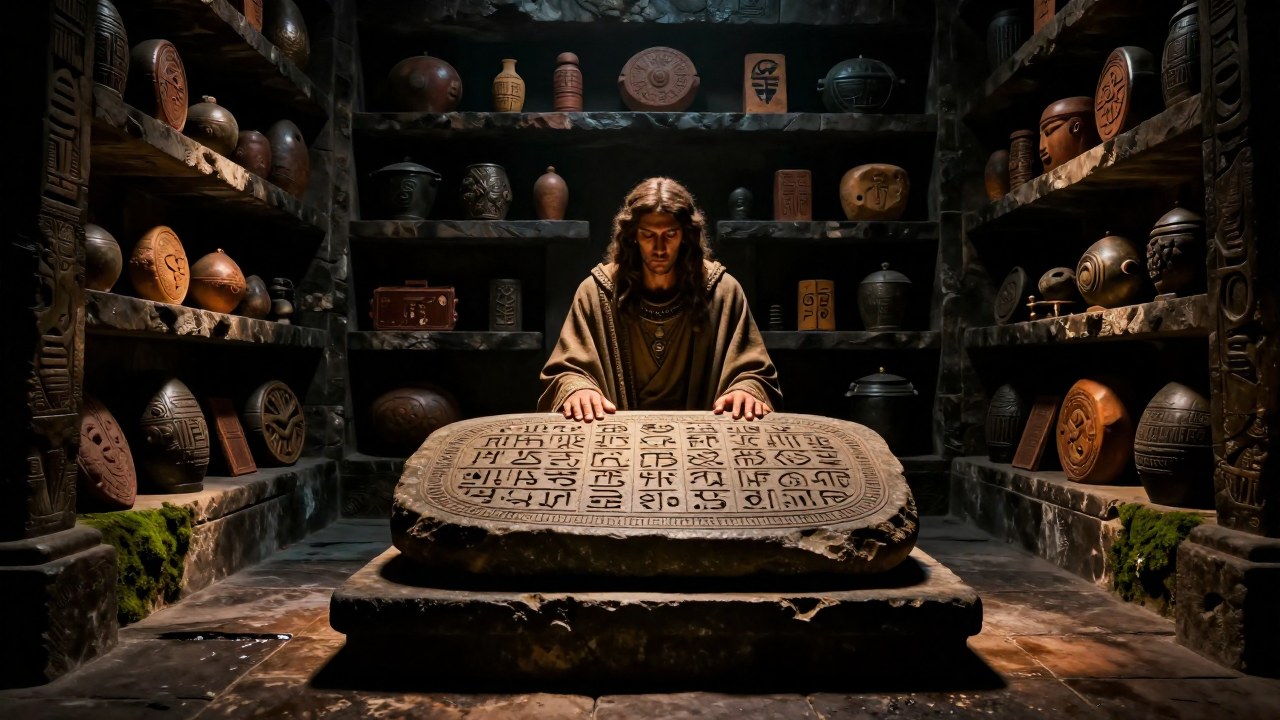 Figura solemne estudia una antigua tabla de piedra con símbolos complejos que representan el destino.