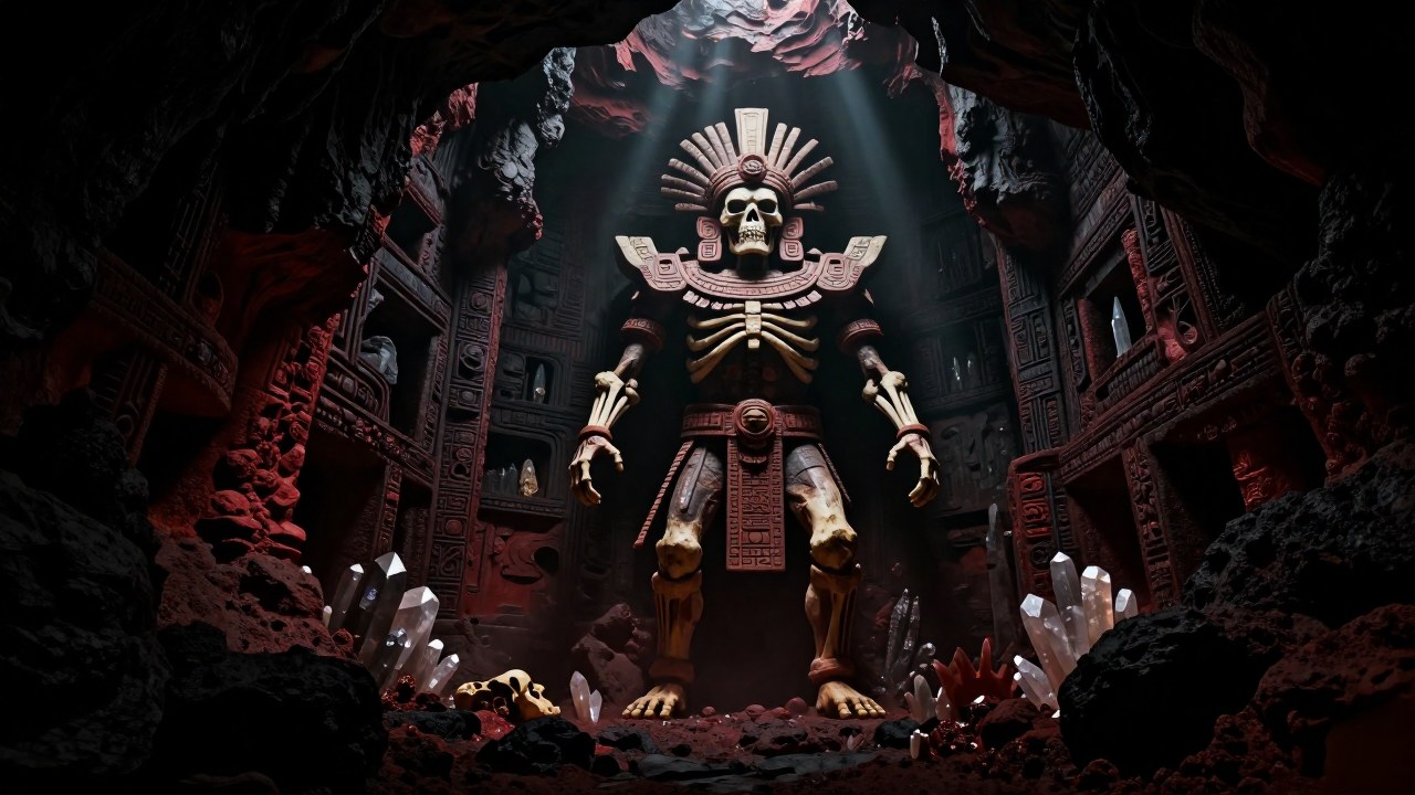 El dios Mexica Mictlantecuhtli aparece como una figura esquelética en las profundidades del inframundo.