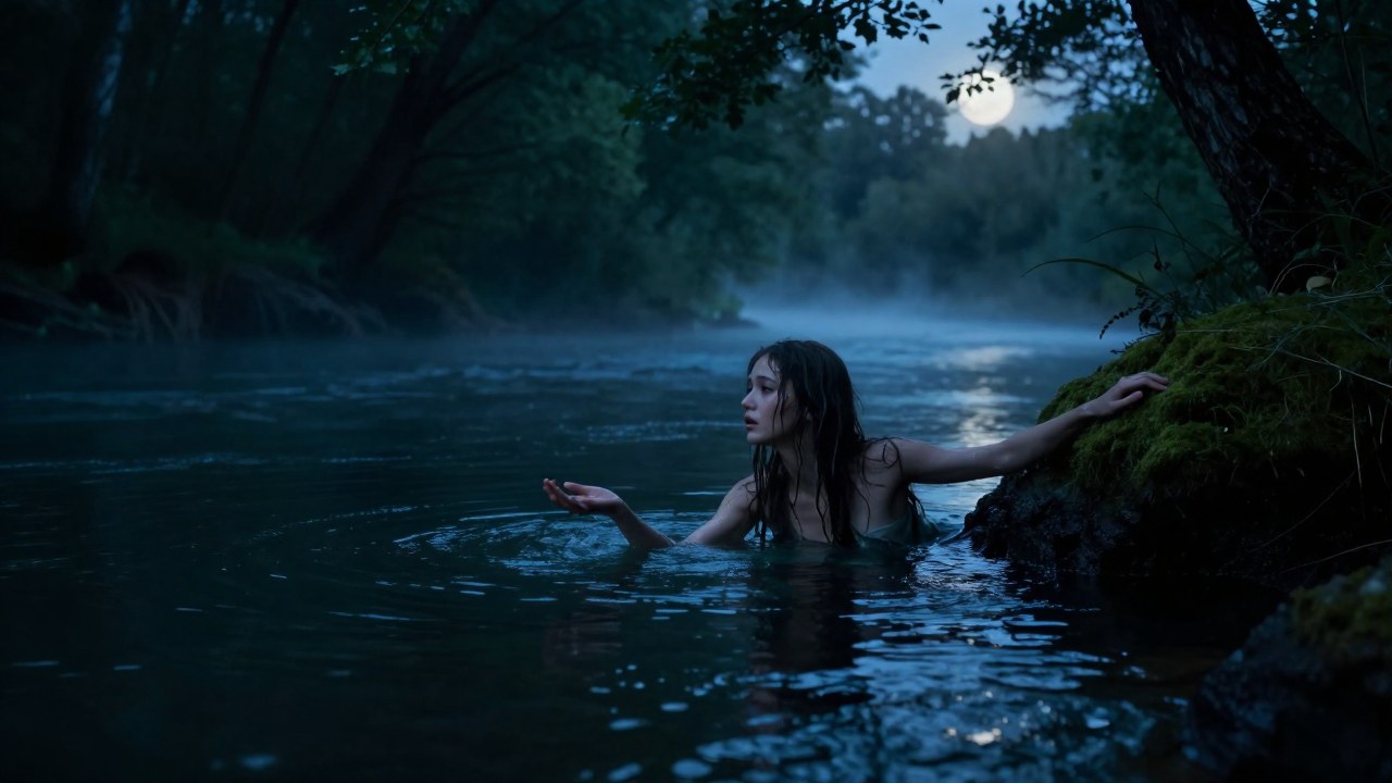 Ninfa acuática en el límite del agua y la orilla brumosa, extendiendo la mano hacia la tierra.