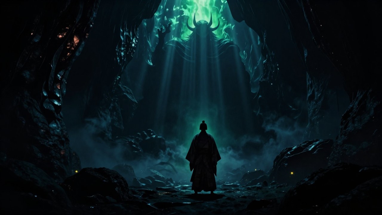 Izanagi en el inframundo, de pie ante una poderosa entidad sombría en un paisaje desolado y cavernícola.