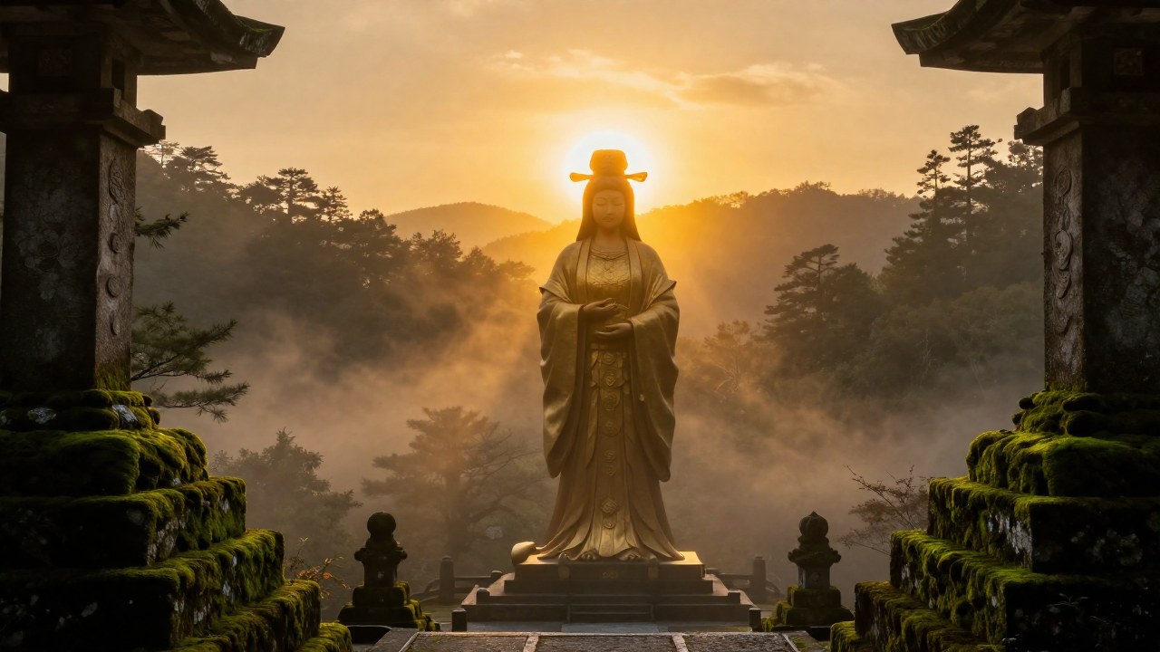 Deidad solar majestuosa de pie en un paisaje japonés antiguo y brumoso al amanecer.
