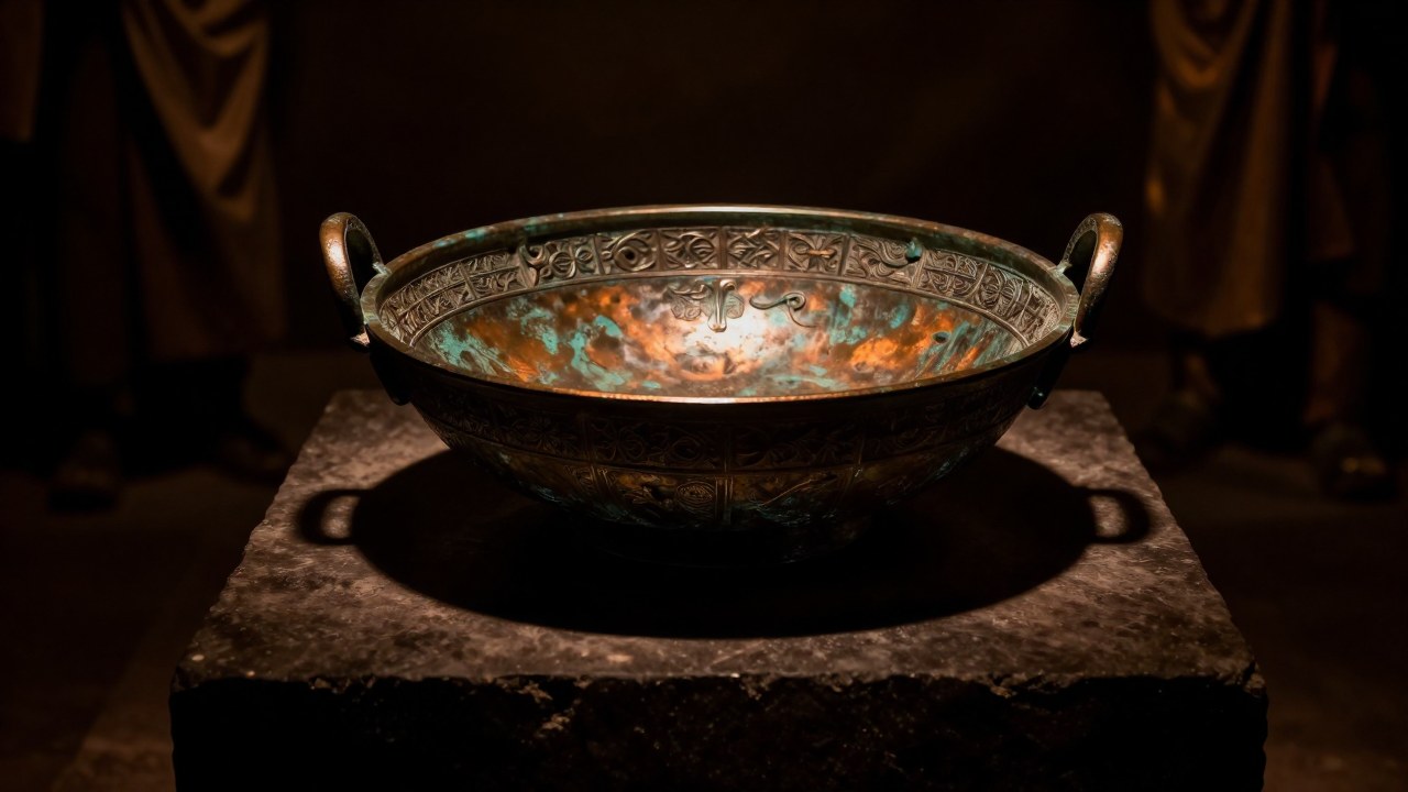 Antiguo Caldero de Gundestrup de bronce, pieza ritual sobre un altar de piedra.