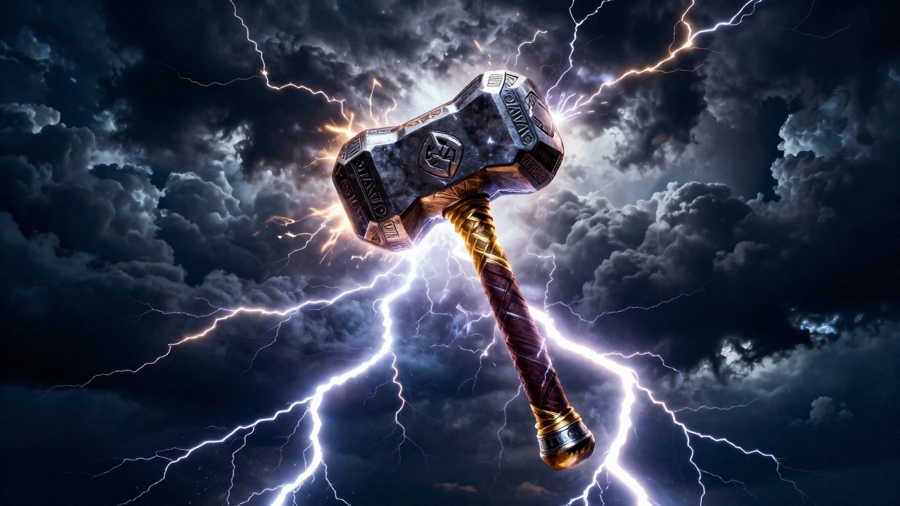 El martillo Mjölnir suspendido emana poder, rodeado de relámpagos contra un cielo de tormenta.