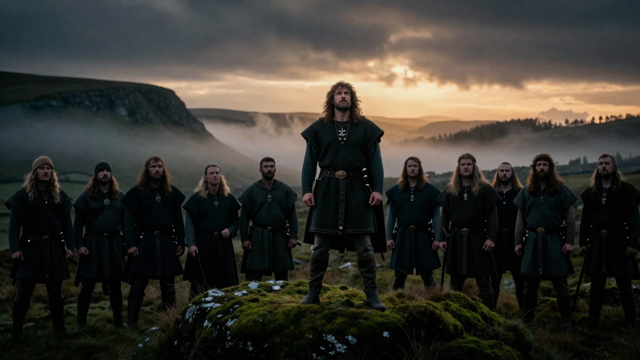 Fionn mac Cumhaill, líder de la Fianna, está de pie entre sus guerreros en un dramático paisaje irlandés antiguo.