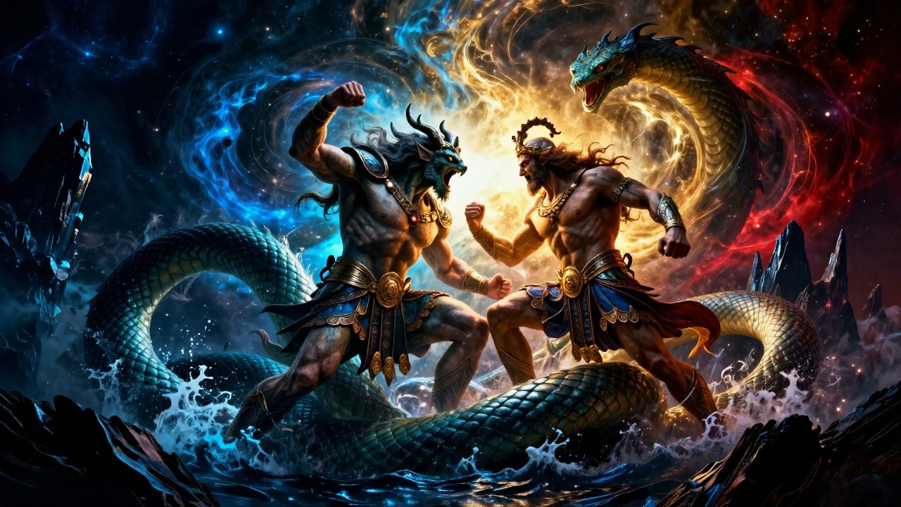 Confrontación épica: Marduk somete a la gigantesca deidad primordial Tiamat en un ambiente cósmico.
