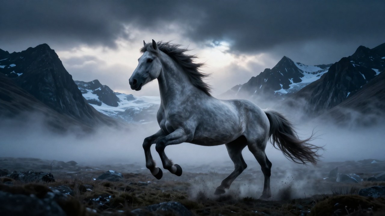 Sleipnir, el caballo nórdico de ocho patas, galopa por un paisaje montañoso envuelto en bruma.