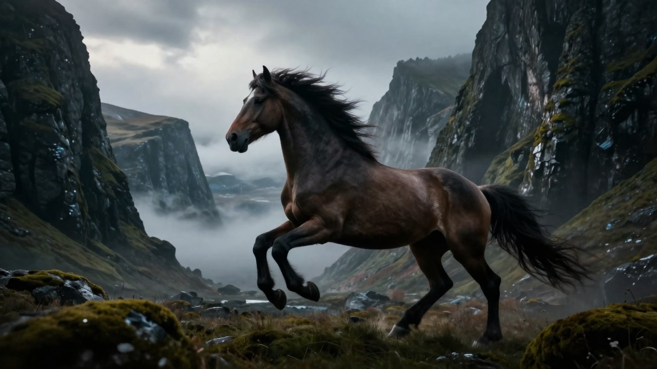 El caballo mítico Sleipnir atraviesa un dramático y brumoso paisaje de fiordos nórdicos.