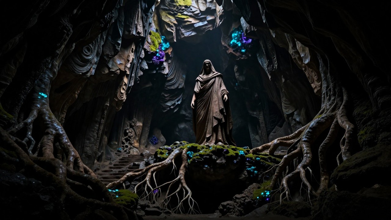 Una figura monumental con telas terrosas se encuentra en una vasta caverna subterránea rodeada de rocas y raíces gigantes.