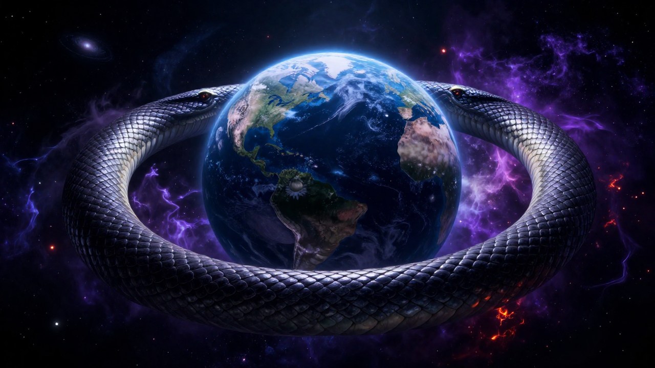 La serpiente Midgard, Jörmungandr, enroscada alrededor de un planeta Tierra en el vasto cosmos.