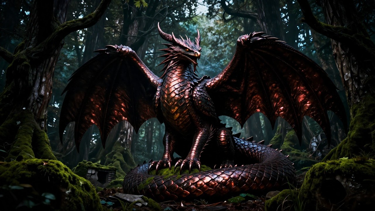 Una bestia dracónica Zmey Gorynych, de múltiples cabezas, en un paisaje boscoso y antiguo.