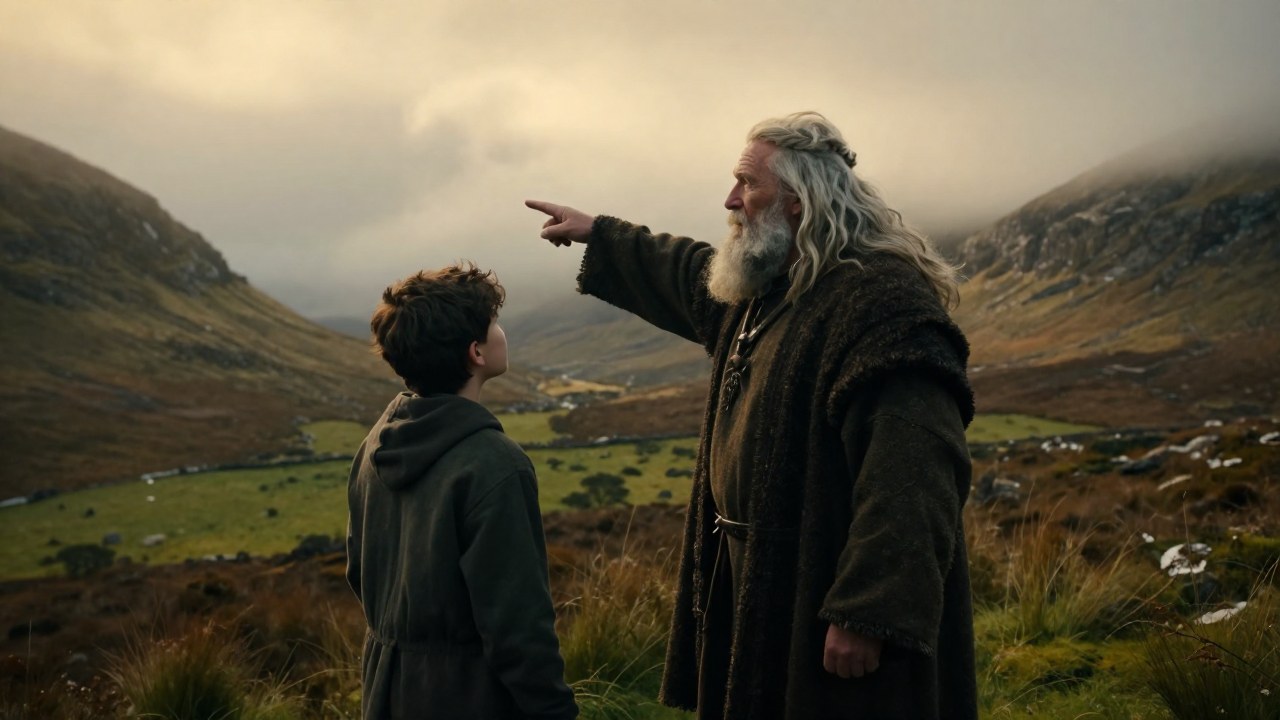 Patriarca guía a un joven con su mano en un extenso paisaje natural montañoso y brumoso.