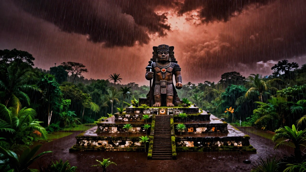 Lluvia torrencial sobre una antigua terraza de piedra en un paisaje indígena y fértil.