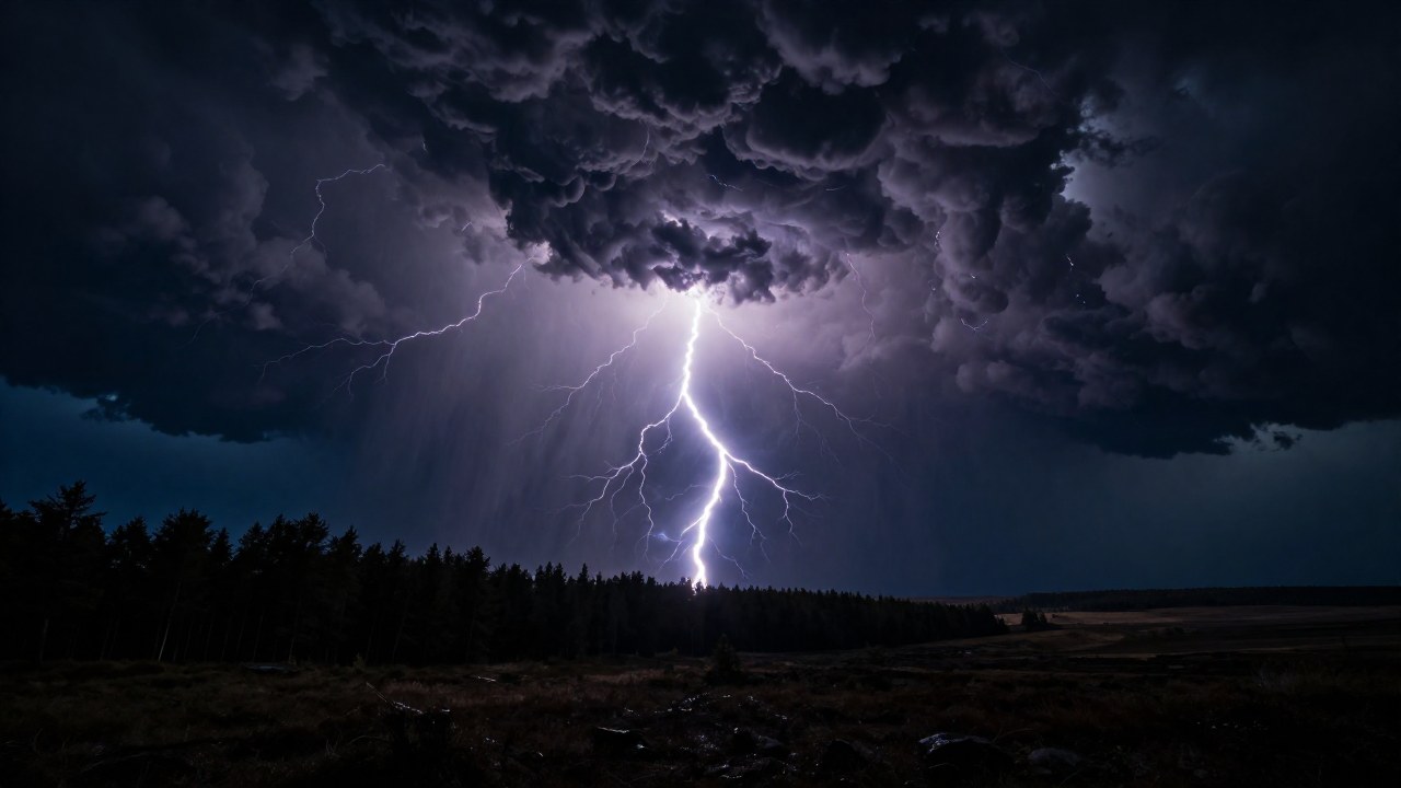 Relámpagos intensos atraviesan nubes de tormenta sobre un paisaje antiguo y salvaje.