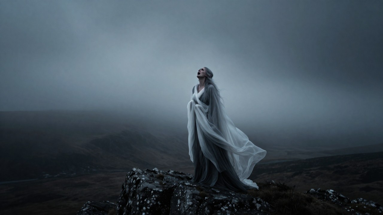 Banshee sobre un saliente rocoso en un paisaje desolado, con una postura de profunda pena anunciando una tragedia.