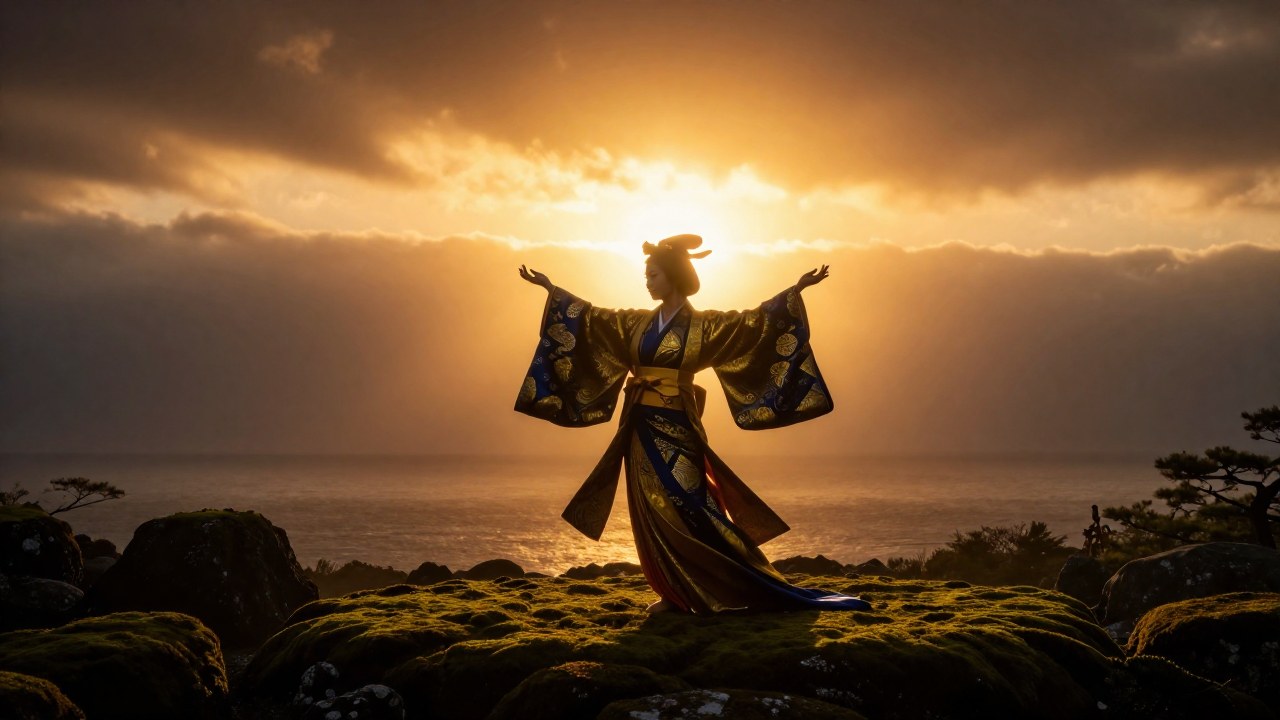 Diosa japonesa en danza ceremonial al amanecer, simbolizando el retorno y renacimiento de la luz.