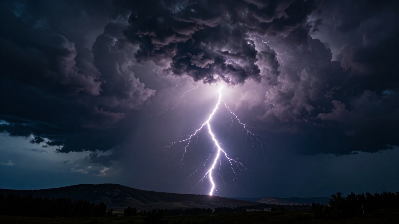 Tormenta eléctrica dramática con relámpago cruzando sobre un vasto y oscuro paisaje montañoso.