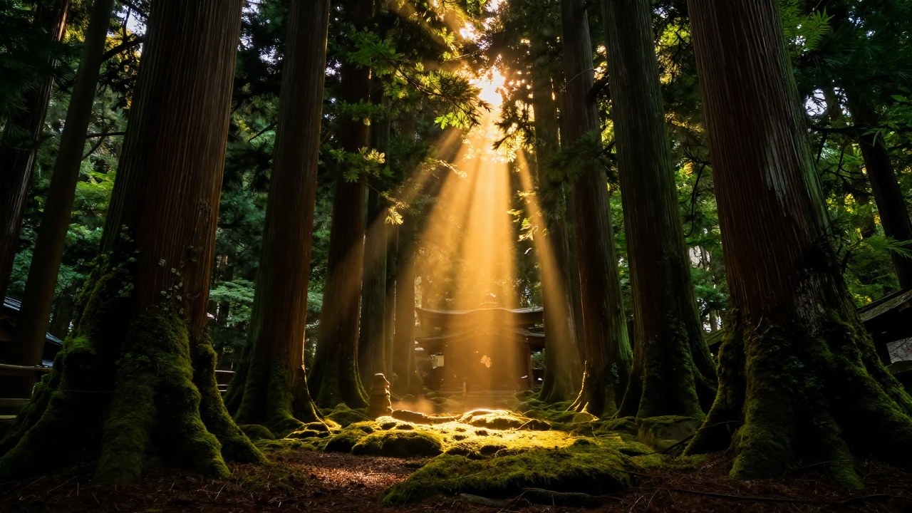 Un potente rayo de luz dorada se filtra a través de los densos árboles en un bosque sagrado japonés.