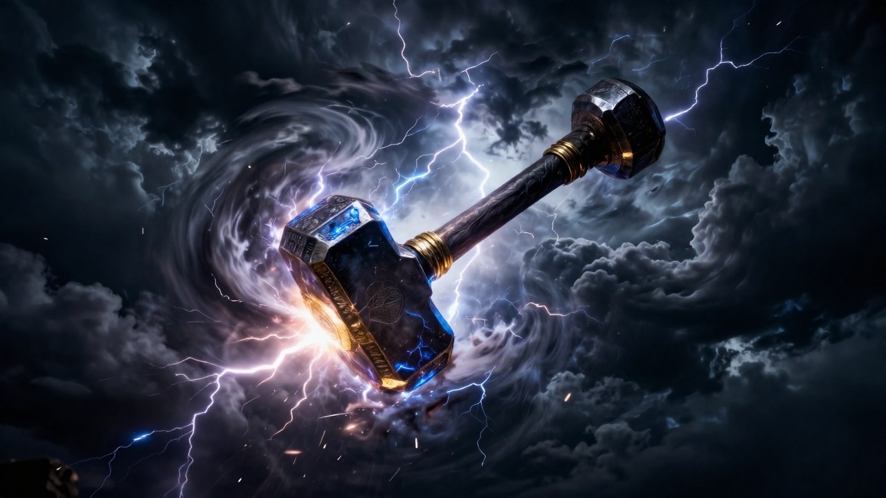 El martillo mítico Mjölnir golpea un vórtice de energía cósmica y nubes de tormenta.