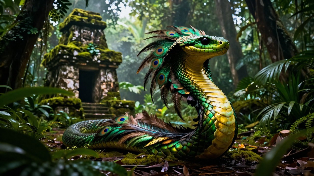 Serpiente emplumada con plumas verdes y doradas se desliza por una selva mesoamericana con ruinas de piedra.