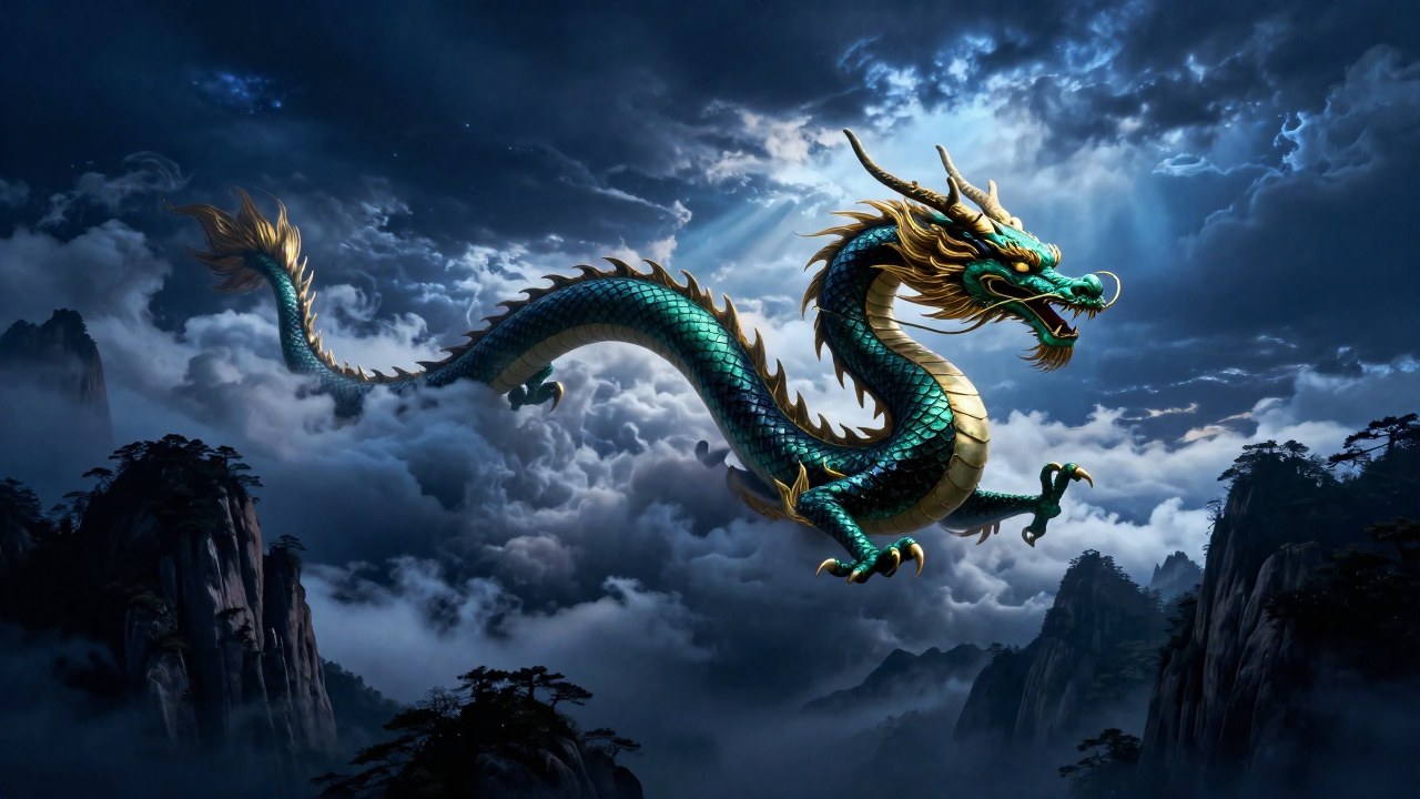 Dragón celestial tradicional de estilo asiático volando sobre una majestuosa cordillera en un cielo turbulento.
