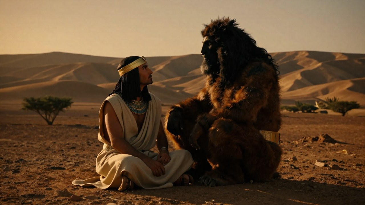 Gilgamesh y Enkidu comparten una mirada íntima en una estepa antigua, simbolizando su profundo vínculo.