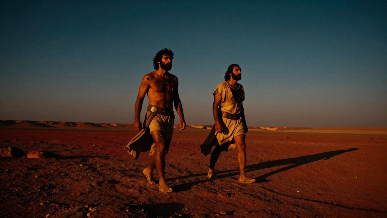 Gilgamesh y Enkidu avanzan en un vasto y árido paisaje de la antigua Mesopotamia.
