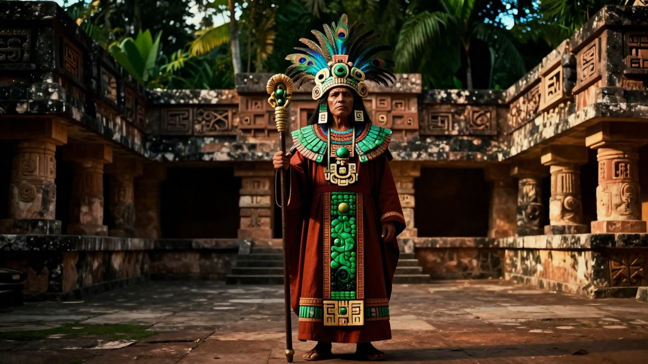 Sacerdote mesoamericano con vestimenta ceremonial sostiene un objeto simbólico en un patio tolteca antiguo.