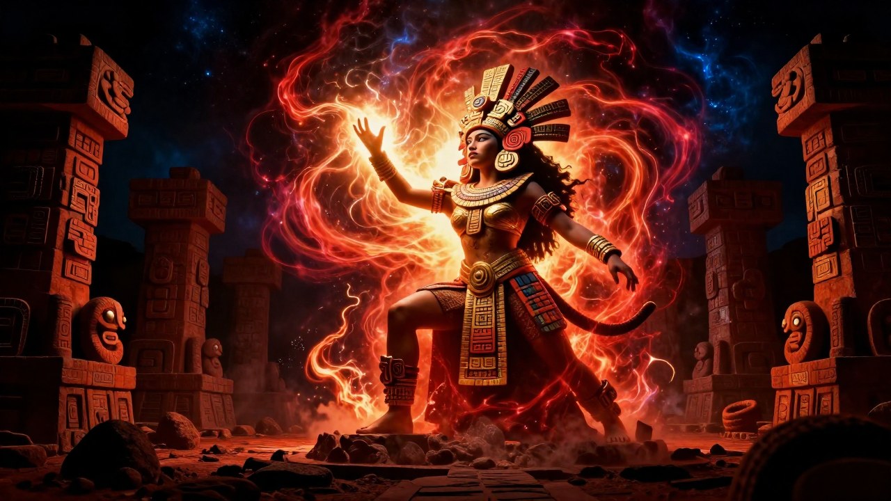 Coatlicue, diosa azteca, presenta la emergencia de Huitzilopochtli desde un antiguo paisaje mesoamericano.