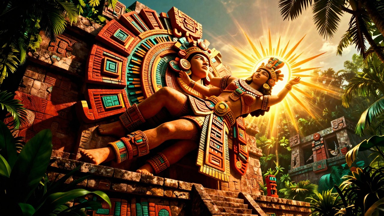 Coatlicue manifiesta el nacimiento divino de Huitzilopochtli en un entorno antiguo mesoamericano.