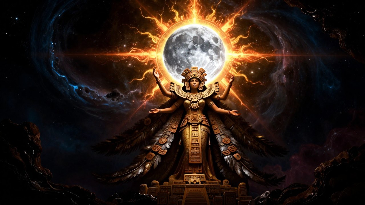 Coatlicue, la diosa mesoamericana, preside la aparición lunar nacida de una intensa energía solar.